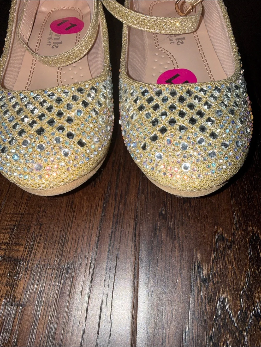 Girls Gold Glitter Rhinestone Ankle-Strap Flats